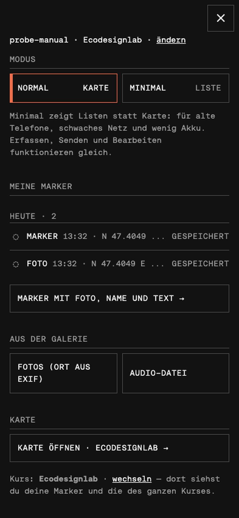 App: Menü mit Modus, Meine Marker, Galerie, Karte