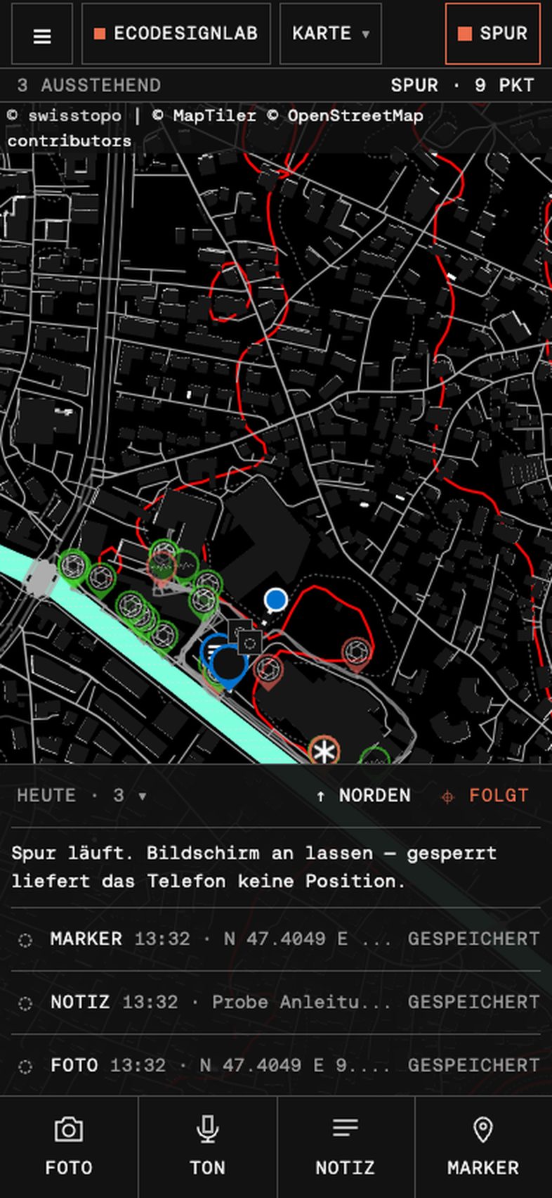 App: Spur läuft, Liste mit drei gespeicherten Einträgen