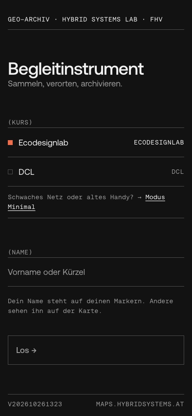 App: Anmeldung mit Kurs Ecodesignlab und Namensfeld
