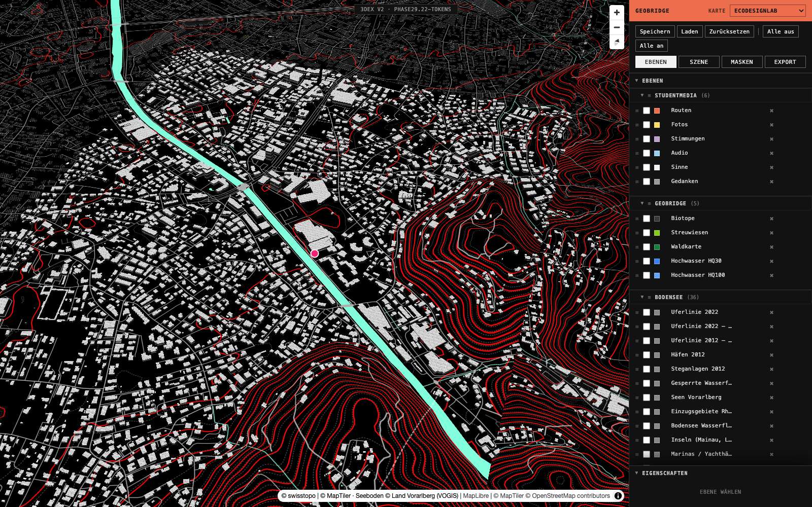 Editor, Reiter Ebenen: Gruppen Studentmedia, Geobridge, Bodensee neben der Karte Ecodesignlab
