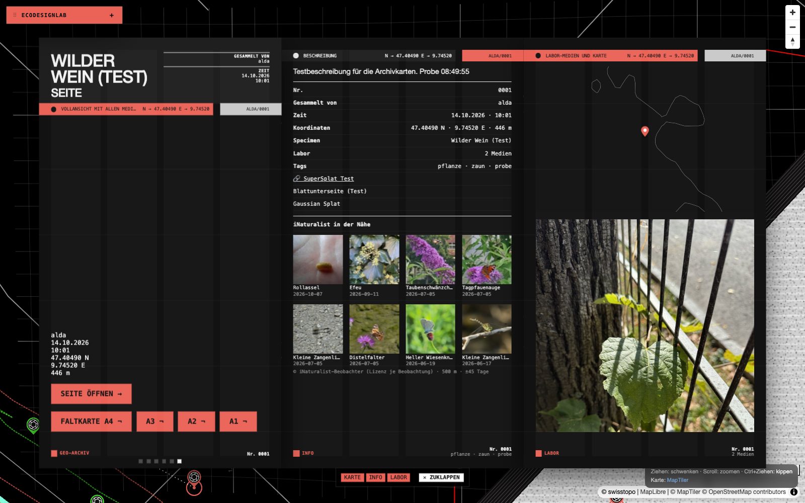 Faltung Wilder Wein (Test): Seite mit Druck-Links, Info mit iNaturalist, Labor mit Foto