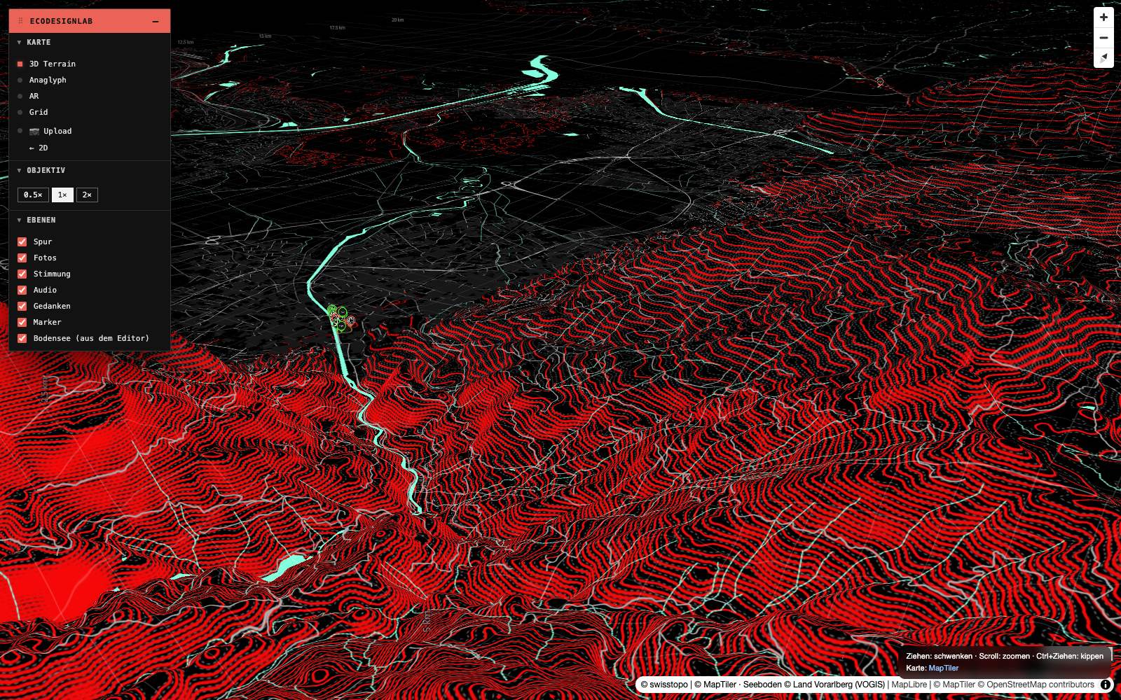 Kurskarte mit 3D Terrain, gekippt: Höhenlinien rot über dem Gelände des Rheintals