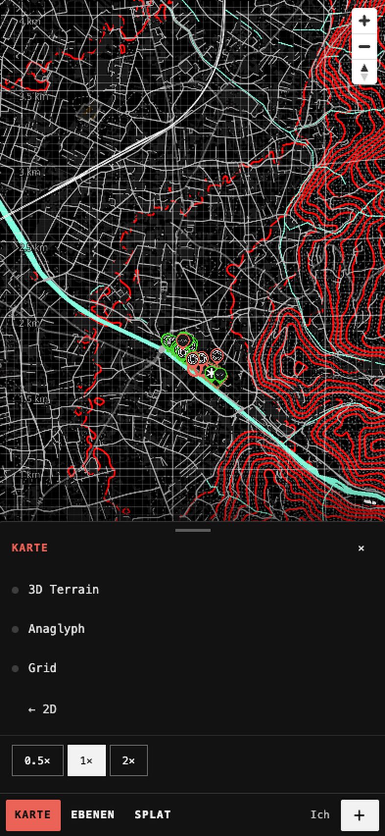 Telefon: Blatt Karte mit 3D Terrain, Anaglyph, Grid, Objektiv